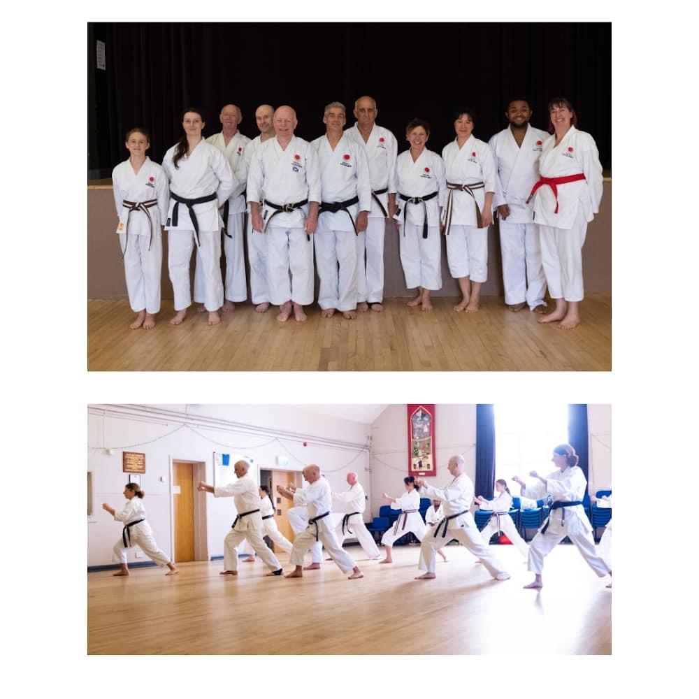 Image showing the class smiling, with Sensei John Deans and Sensei Paola Burrows, Below the senior belts practicing kata 